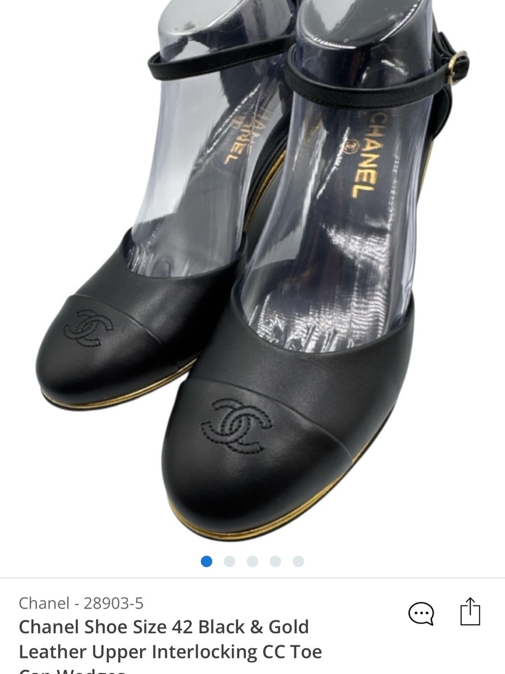 CHANEL Black Leather CC-Toe Ankle-Strap Heels with Gold Trim